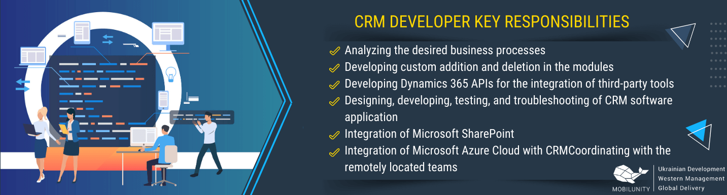 An Infographic image on CRM developer key responsibilities for custom dynamic crm development.
