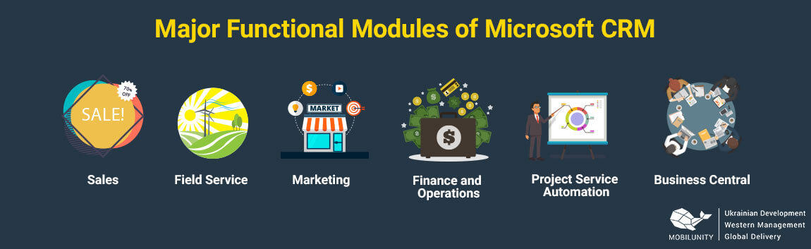 An infographic image on major functional modules of Microsoft custom dynamic crm development