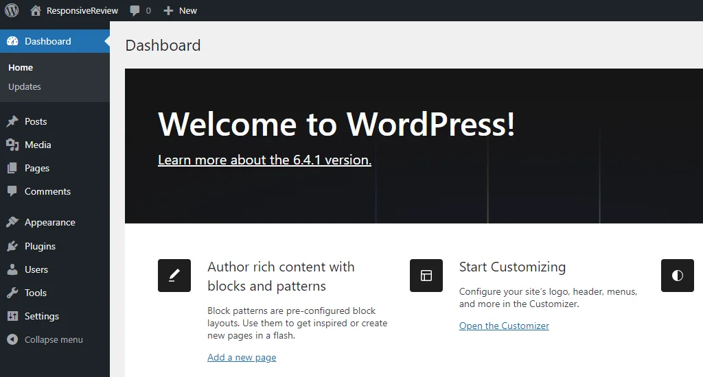 WordPress dashboard